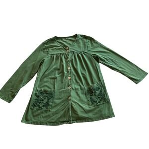 April Cornell Cardigan Women Large Green Floral Embroidered Button Front Top
